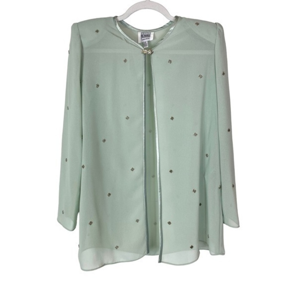 Vintage Beaded Sheer Coverup Sage Green Elegant Rhinestone Open Blouse top